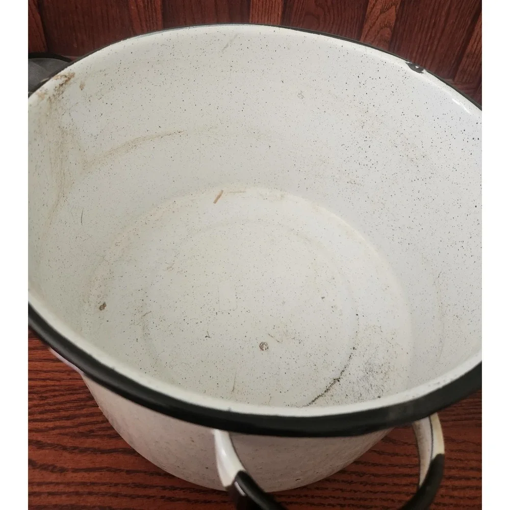 Vintage White And Black Enamelware Pot With Handles 1 Ft Diameter County Cottage